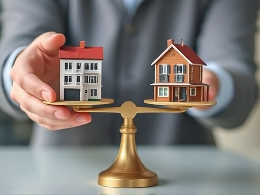 한 손에는 작은 아파트 모형을, 다른 손에는 큰 아파트 모형을 들고 저울질하는 사람의 손 클로즈업.