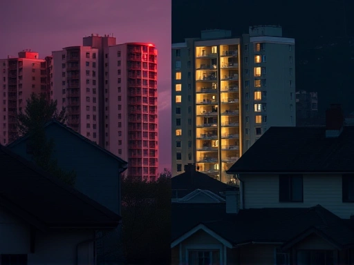 두 개의 대비되는 주택 단지가 클로즈업되어 보인다.