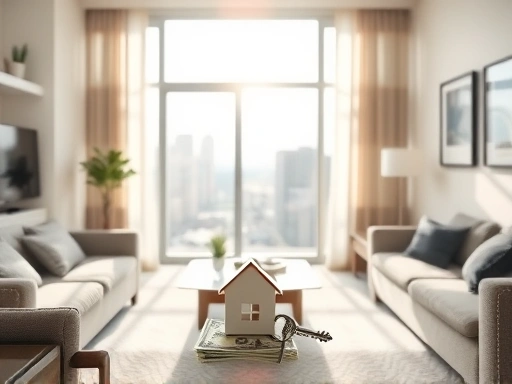 깔끔하게 리모델링된 아파트 거실 창문 밖으로 보이는 도시 전경.