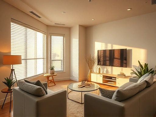 따뜻한 조명 아래 깔끔하고 현대적인 스마트홈 거실의 전경.