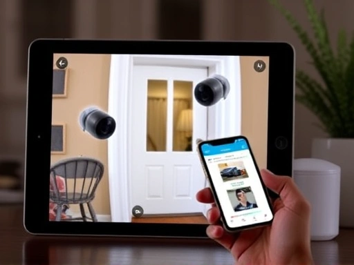 태블릿 화면에 나타난 스마트홈 보안 카메라의 실시간 영상.