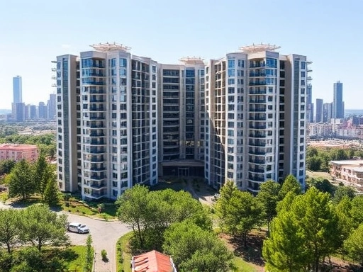 도시의 스카이라인을 배경으로 떠오르는 세련된 새 아파트 단지의 전경.