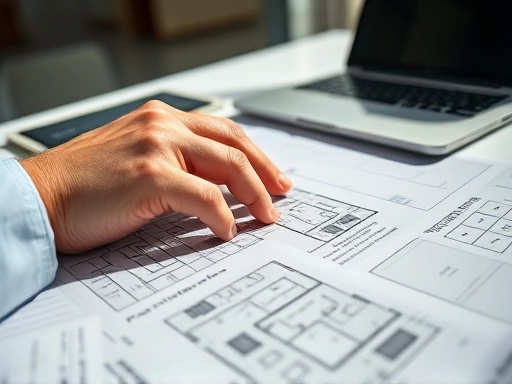손으로 복잡한 아파트 단지 도면 또는 청약 관련 서류들을 꼼꼼히 검토하는 클로즈업 장면