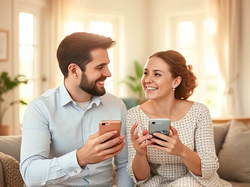 따뜻한 햇살이 드는 아늑한 거실에서 서로를 마주보며 행복하게 웃는 신혼부부.