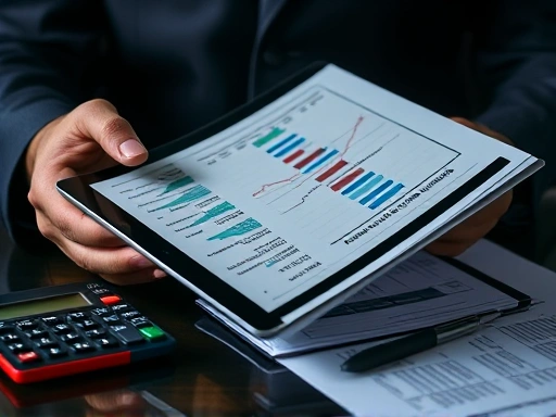 한 손에는 복잡한 실버타운 투자 분석 차트와 그래프가 그려진 태블릿을, 다른 손으로는 관련 법규와 재무 보고서가 펼쳐진 서류를 짚고 있는 전문 투자자의 손 클로즈업.