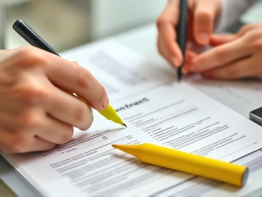 꼼꼼히 체크리스트를 확인하는 손과 계약서의 클로즈업, 안전을 강조하는 노란색 형광펜이 눈에 띄며, 밝고 명료한 조명으로 신중함과 안정감을 부각