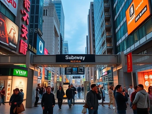 활기 넘치는 현대 도시의 지하철 역 출구 앞 풍경, 수많은 사람들이 바쁘게 오가는 모습