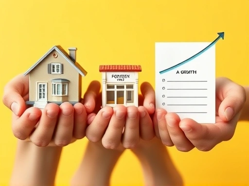 젊은 세대부터 중장년층까지 각 연령대를 대표하는 손들이 주택 모형, 상가 모형, 주택 연금 관련 서류 등 서로 다른 종류의 부동산 자산을 손에 들고 있다.