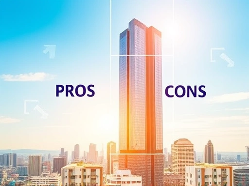 도시의 활기찬 배경에 우뚝 솟은 현대적인 오피스텔 건물을 배경으로, 투명한 레이어에 장점과 단점이 명확하게 대비되는 아이콘(예: 상승하는 화살표, 하락하는 화살표)이 시각화된 그래픽 오버레이.
