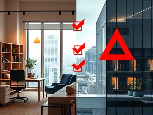 오피스텔의 내부 인테리어와 외부 전경을 함께 보여주는 분할된 화면.