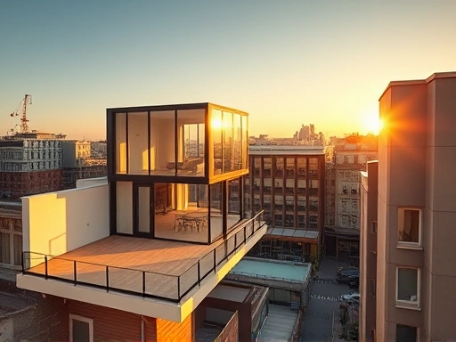 넓은 옥상 공간에 지어진 현대적인 복층 원룸의 전경.