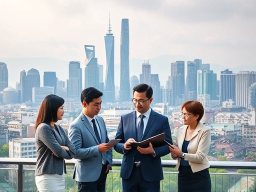 다양한 국적의 투자자들이 한국의 현대적인 고층 빌딩과 전통 건축물이 조화롭게 어우러진 도시 스카이라인을 배경으로, 투자 포트폴리오를 검토하는 모습