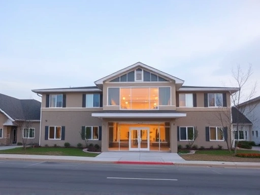 번화가에서 조금 떨어진 한적한 교외에 위치한 현대식 요양병원 건물의 넓은 전경.