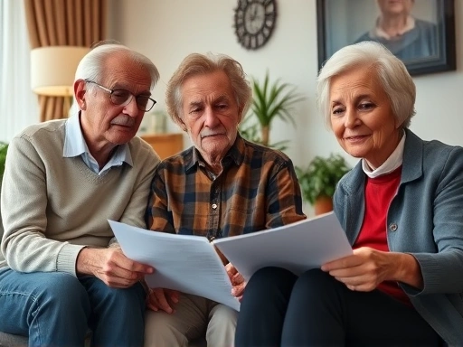요양병원 상담실에서 나이 든 부부가 부동산 전문가와 앉아 서류를 검토하는 클로즈업 샷.
