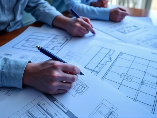 건축 도면과 서류들이 펼쳐진 테이블 위에서 건축사와 집주인이 상담하는 클로즈업 장면