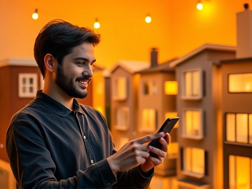 한 젊은 사회초년생이 스마트폰으로 부동산 앱을 보며 미래에 대한 희망찬 표정으로 생각에 잠겨 있습니다.