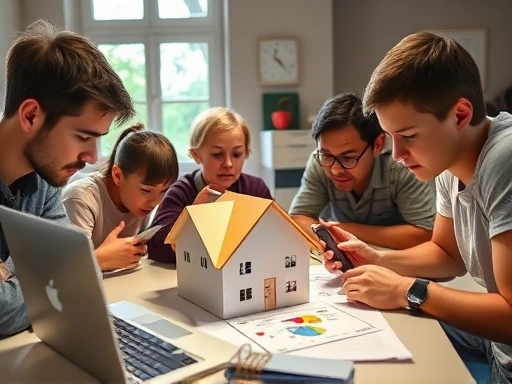 다양한 연령대의 사람들이 노트북과 스마트폰을 앞에 두고 주택 형태의 퍼즐 조각을 맞추며 부동산 투자 관련 그래프와 차트를 유심히 분석하고 있다.