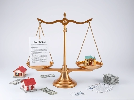 두 개의 저울이 중앙에 균형을 이루고 있으며, 한쪽 저울에는 '월세 계약서'가, 다른 한쪽에는 '전세 계약서'가 놓여 있다.