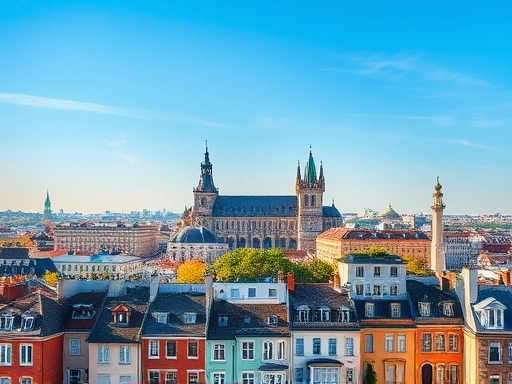 활기찬 유럽 도시의 스카이라인과 그 아래로 보이는 다양한 건축 양식의 건물들.