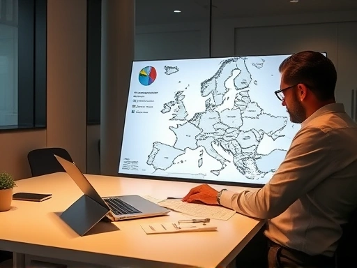 노트북과 서류가 놓인 깨끗한 책상 위에서 유럽 지도를 응시하며 신중하게 투자 계획을 세우는 전문가의 모습