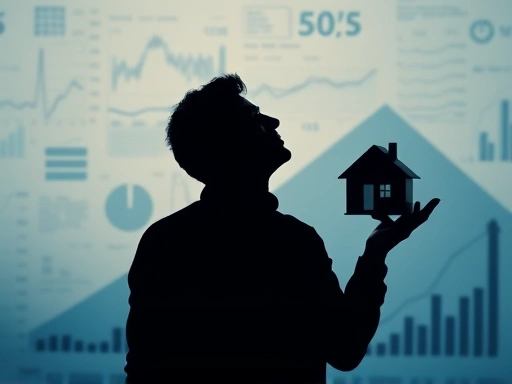복잡한 데이터 그래프와 인구 피라미드 변화를 배경으로, 손 안에 집 모형을 들고 미래를 응시하는 사람의 실루엣이 보인다.