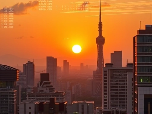 도쿄 스카이라인과 현대적인 건물들이 석양 아래 빛나는 풍경, 역동적인 도시의 에너지와 안정적인 투자 기회를 상징하는 따뜻하고 신뢰감 있는 분위기