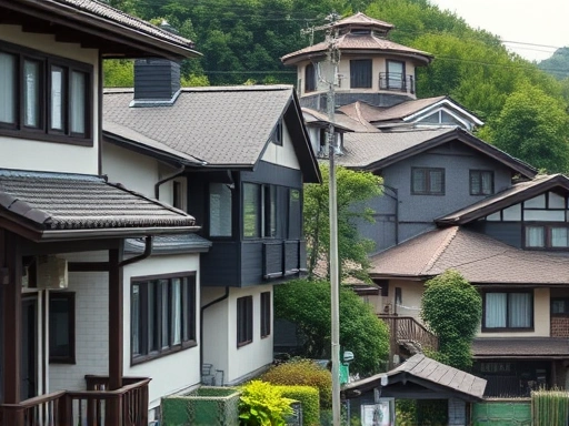 일본 전통 가옥과 현대적 건축물이 조화롭게 어우러진 주택가의 클로즈업 샷, 주택의 세부 디자인과 주변 녹지가 강조되어 안정감과 장기적인 가치를 암시합니다.