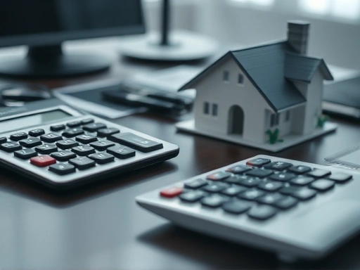 세금 계산기와 주택 모형이 놓인 책상을 클로즈업하여 재정적 안정과 부동산 투자의 개념을 시각적으로 강조.