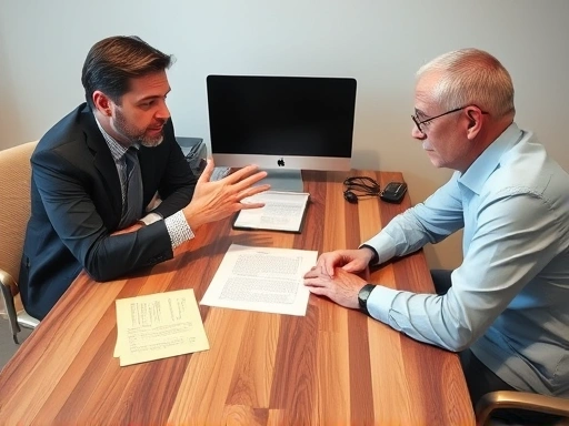 두 명의 사람이 테이블에 마주 앉아 부동산 계약서를 펼쳐 놓고 진지하게 대화하는 모습