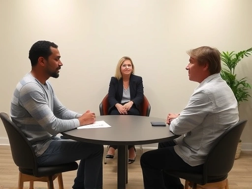 테이블에 마주 앉은 임대인과 임차인이 주택임대차분쟁조정위원회 직원의 중재로 대화하는 모습