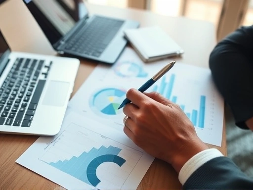 노트북과 서류, 펜이 놓인 테이블 위에서 두 손이 그래프와 데이터를 분석하는 클로즈업 샷.