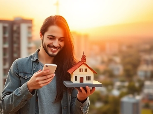 희망찬 분위기, 젊은 남녀가 스마트폰을 들고 밝게 웃으며 작은 부동산 모형을 함께 바라보는 장면. 