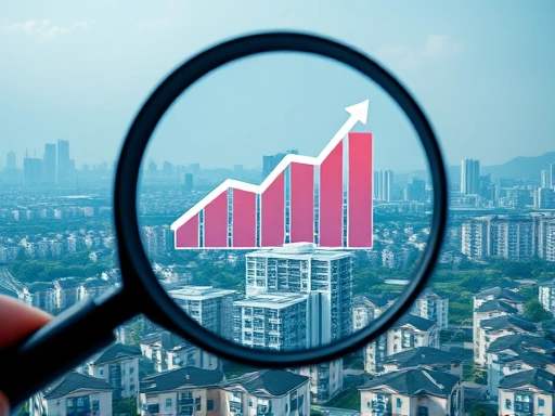 손에 들린 돋보기가 한국의 아파트 단지 위에서 부동산 데이터 차트를 확대하는 장면