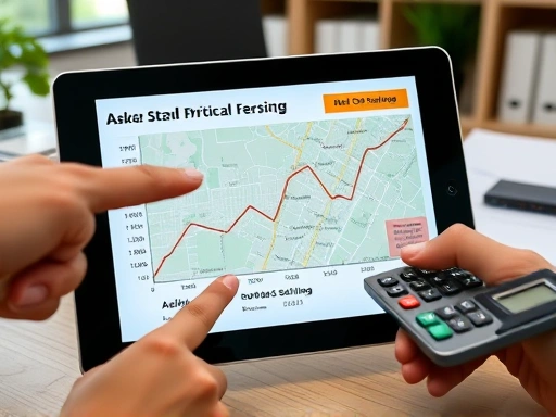 태블릿 화면에 부동산 관련 데이터 그래프와 지도 이미지