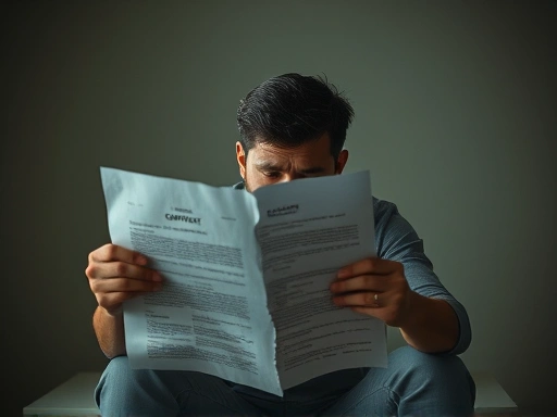 한 사람이 찢어진 계약서를 응시하며 좌절감에 앉아있지만, 그 뒤로 서서히 빛이 비치며 희망적인 분위기