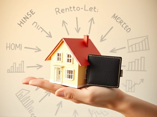 손으로 잡고 있는 집 모형과 지갑, 그 주위로 다양한 화살표와 차트가 그려져 있어 전세자금대출과 매매자금대출 사이의 복잡한 금융 결정을 시각적으로 나타냅니다.