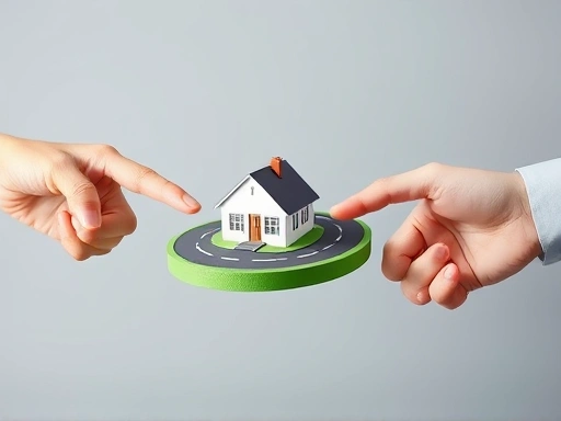 두 개의 손이 서로 다른 방향으로 갈라지는 길 위에 놓인 주택 모형을 가리키고 있습니다.