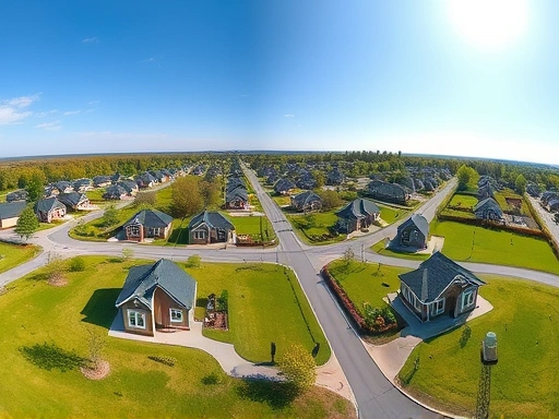 🏡 탁 트인 자연 배경의 전원주택 단지 전경.