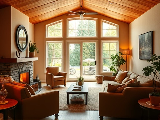 햇살이 따뜻하게 쏟아지는 통창이 있는 현대적이고 아늑한 전원주택 펜션의 거실 전경.