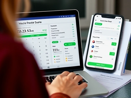 노트북 화면에 신용 점수 관리 앱과 주거래 은행 모바일 뱅킹 화면이 보이고, 옆에는 소득 증빙 서류들이 정돈되어 있습니다.