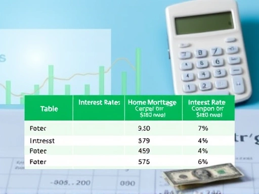 주택담보대출 금리 비교표를 배경으로 한 화면에 금리가 솟아오르는 그래프와 계산기가 함께 배치되어 재정적인 중요성을 강조합니다.