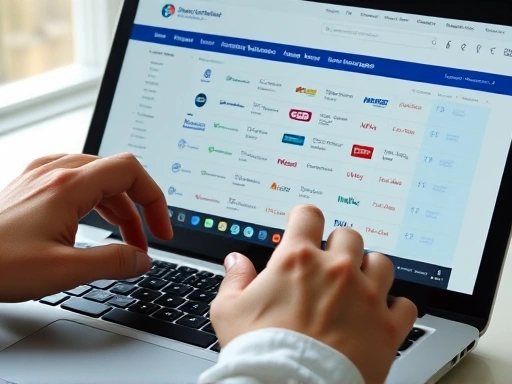 두 손이 노트북 키보드 위에서 금융감독원 금융상품통합비교공시 웹사이트를 검색하는 클로즈업 샷입니다.