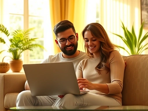 따뜻한 햇살이 비추는 아늑한 거실에서 부부가 함께 노트북을 보며 대출 서류를 검토하는 장면