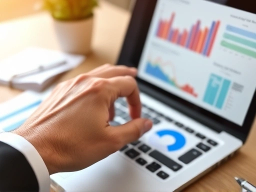 노트북 앞에서 부동산 데이터와 그래프를 분석하는 사람의 클로즈업 손, 차분하고 전문적인 분위기