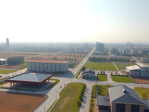 넓은 들판과 현대적인 건물들이 어우러진 지방 중소도시의 전경, 밝고 희망찬 분위기