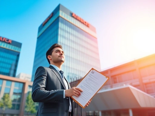 지식산업센터 건물 앞에서 투자를 심각하게 고려하며 체크리스트를 든 전문가의 모습