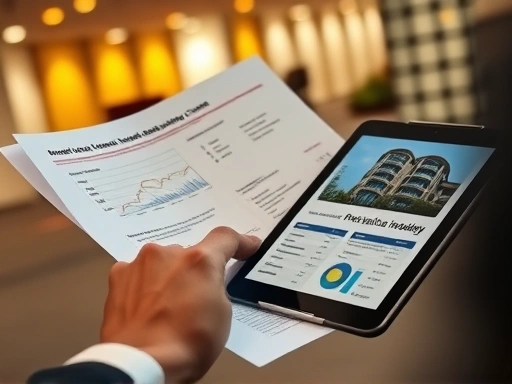 오피스 공간에서 지식산업센터 투자 관련 서류와 태블릿을 펼쳐 놓고 꼼꼼하게 분석하는 손의 클로즈업.