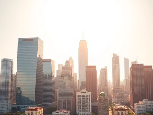 분주한 도시의 스카이라인을 배경으로, 활기찬 업무 지구를 상징하는 현대적인 오피스 빌딩들이 솟아 있는 모습