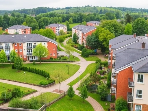 조용하고 편안한 주거 지역의 전경, 아늑한 아파트 단지와 푸른 공원이 어우러져 평화로운 삶의 터전을 보여줍니다.