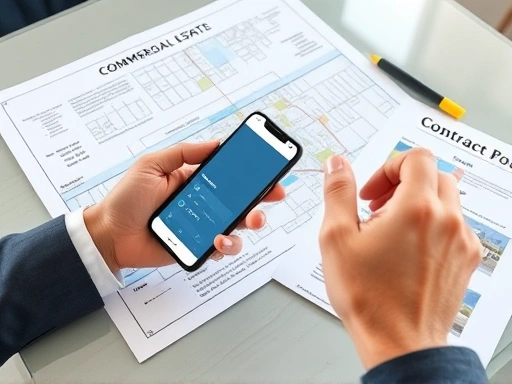 테이블 위에 펼쳐진 상권 분석 지도와 중요 내용을 표시한 형광펜, 그리고 계약서 양식이 놓여 있다.